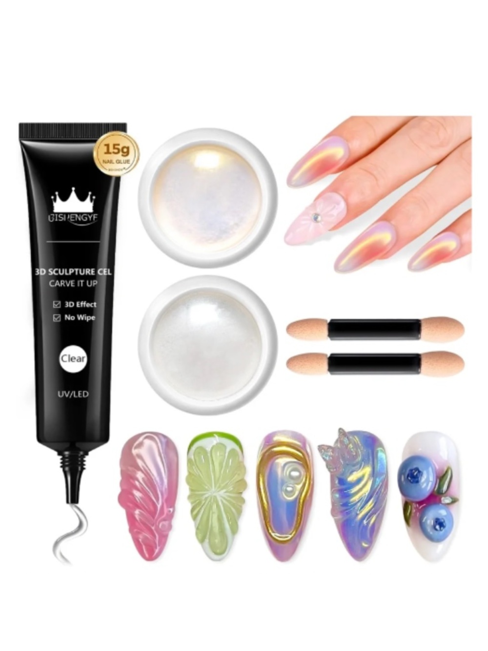 3D Nail Sculpture Gel & Chrome Powder Kit Clear Carve It Up NEW BISHENGYF